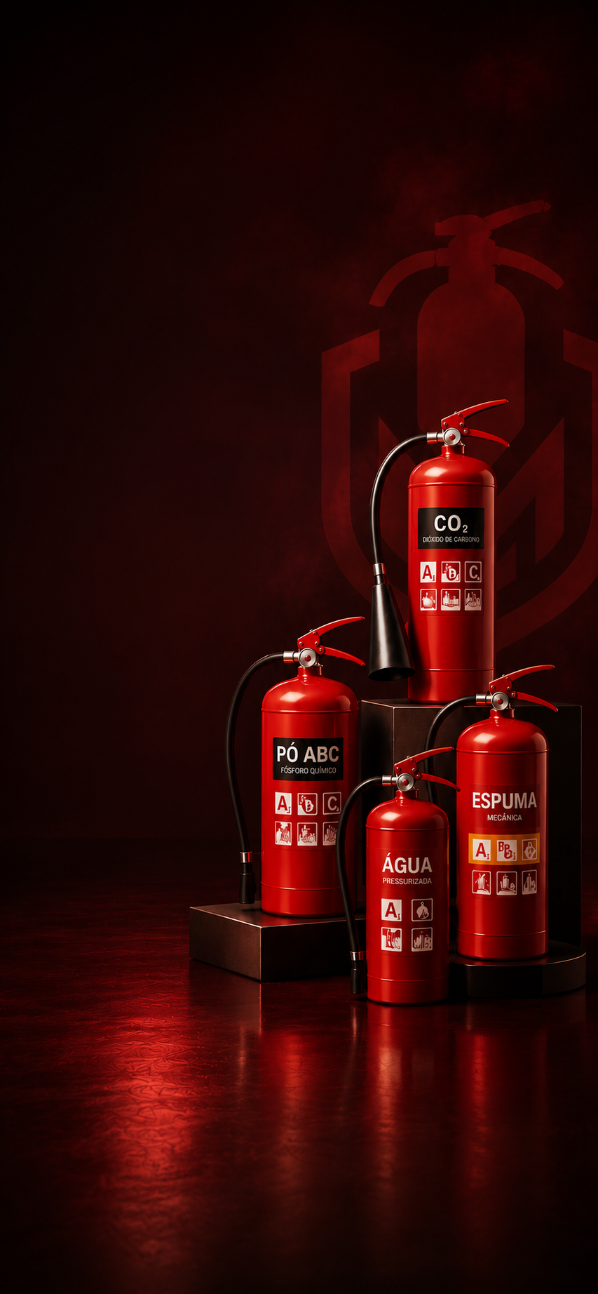 Linha de extintores Pó ABC, CO2, Água Pressurizada e Espuma Mecânica